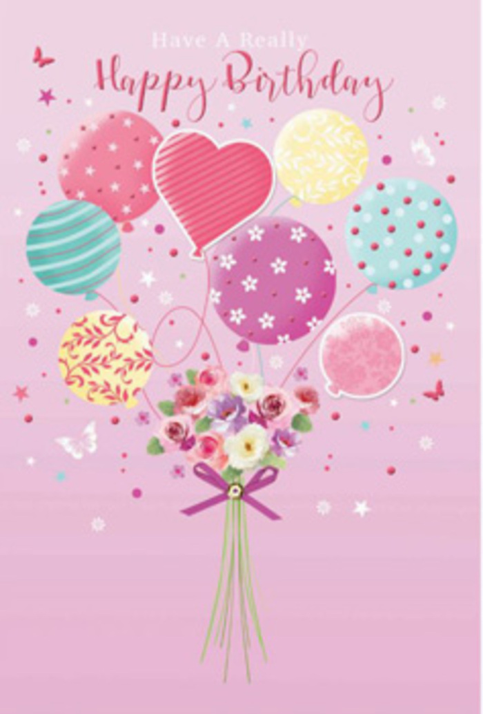 Soft, joyful birthday card artwork showing a pastel balloon bouquet lifting a dainty garden of flowers, with the quiet charm of Crouch End woven into the scene. The background is a gentle blush pink, like the sky at first light above the Clock Tower, and from the lower centre rises a small hand-tied arrangement of petite roses and daisy-like blooms. Their petals shift from creamy ivory to rose and pale fuchsia, each bloom shaded as though brushed by morning sunshine. Above them, a playful tangle of balloons drifts skywards, painted in pale sunshine yellow, rosy pinks, and lavender lilacs, with a touch of sea green and teal. Every balloon wears its own personality: candy stripes curl in loose ribbons, polka dots dance in irregular clusters, and delicate floral hints echo the bouquet below. At the heart, a single heart-shaped balloon gives the design a gentle, affectionate focus. Imagined light glances across the glossy balloon surfaces and the tender flower petals, suggesting both shine and softness. A slim purple ribbon gathers the stems at the base, its edges sparkling as if lightly dusted with frost or fine glitter. Nearby, tiny butterflies and scattered stars hover and swirl, as though the flowers have drawn a little piece of a garden party up into the sky. The entire composition feels like a quiet, heartfelt birthday wish, much like the thought behind ordering a custom bouquet for delivery to a cosy flat near Park Road, a family home off Tottenham Lane, or a favourite café corner in Crouch End.