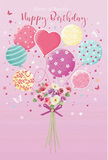 Playful birthday card scene depicting pastel balloons and a petite bouquet, full of the easy, artistic spirit that suits Crouch End. The illustration unfolds on a soft pink canvas, similar to the rosy glow over the local café terraces on a bright afternoon. Rising from the bottom centre is a hand-tied cluster of delicate roses and anemone-like flowers in creamy white, blush pink, soft mauve, and hints of fuchsia. Their petals look feathery and full, layered in gentle curves that suggest plush, velvety texture and a light, sweet fragrance, as if freshly arranged by Crouch End Flowers for a birthday delivery just off the Broadway. Wrapped snugly around the stems is a violet satin bow, the ribbon smooth, slightly glossy, and tied with practiced care. From this bouquet springs a spray of balloons, floating upwards with joyful energy. Some are round and chubby, others slightly elongated, all in pastel tones of sea green, lemon yellow, rose pink, and lavender. Their surfaces are decorated with candy-coloured stripes, whimsical polka dots, swirling ribbons, and a central heart-shaped balloon that quietly speaks of love and affection. Light seems to skim across the curves, creating subtle reflections like those you might catch in shop windows along Crouch Hill. Around the main design, tiny stars, miniature hearts, and delicate butterflies are scattered, adding a touch of fairy-tale magic. Altogether, the artwork captures a light, airy birthday celebration, the kind you might mark with cake, laughter, and a thoughtfully chosen bouquet delivered to a friend anywhere in Crouch End, Hornsey, or the nearby tree-lined streets.