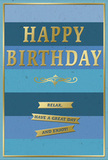 This birthday card conveys a quiet yet unmistakable sense of celebration, its design unfolding in broad blue stripes that resemble soft layers of sky over Crouch End at dusk. The background is composed of wide, even bands running horizontally, each stripe a slightly different blue tone, moving gently from deeply saturated navy to light, breezy sky blue. This transitions the eye smoothly across the card, evoking a calm, expansive feeling. In the centre, HAPPY BIRTHDAY appears in prominent capital letters, rendered in embossed gold that rises slightly from the surface. The metallic finish catches and reflects light in a subtle, sophisticated way, giving the message a warm glow rather than a sharp shine. Directly below, a graceful gold flourish stretches from left to right, an ornamental divider whose gentle curves add refinement and a hint of vintage style. Under this flourish sit three neatly stacked gold banners, each shaped like a slim ribbon with pointed ends, carrying the friendly line broken into phrases: Relax, have a great day and enjoy! The banners feel almost like little spoken reminders to take the day slowly. A thin gold line encloses the entire front of the card, forming a delicate frame that ties all the elements together. The card stock appears smooth with a matte finish, so the raised, glossy gold details stand out both visually and by touch. One can easily picture this elegant birthday card standing on a sideboard beside a hand-tied bouquet from a local Crouch End florist, catching natural light from a window and bringing an air of composed, heartfelt celebration to a home near Alexandra Park or along Crouch Hill.